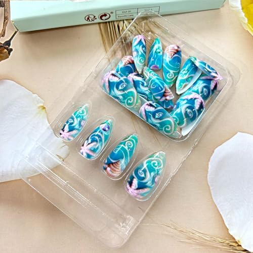 Light Blue Almond Press on Nails with Starfish Shells and Rhinestones