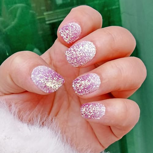 Kids Press on Nails 24Pcs Purple Gradient Glitter Short False Nails