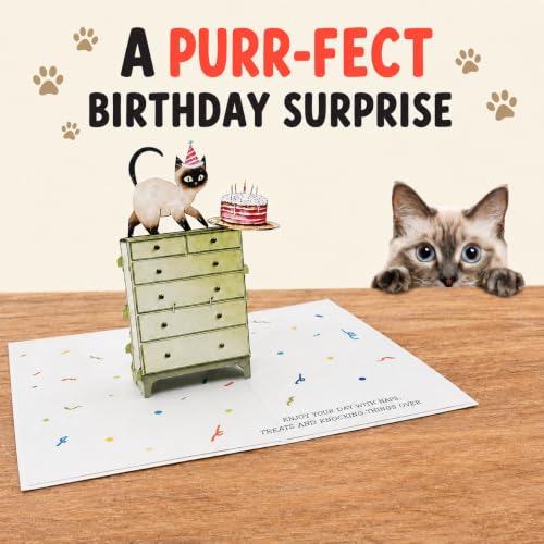 Siamese Cat Pop Up Birthday Card - Funny 3D Cat Lover Greeting Card (5x7)