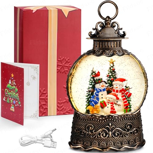 Christmas Snow Globe Lantern with Musical Snowman & Squirrel - Snow Globe Light with Timer & USB/Battery Power - Holiday Indoor Decor - Snowman Family Variation