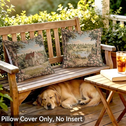 Vintage French Country Floral Pillow Covers, 18x18 Scene Cottage Set of 2