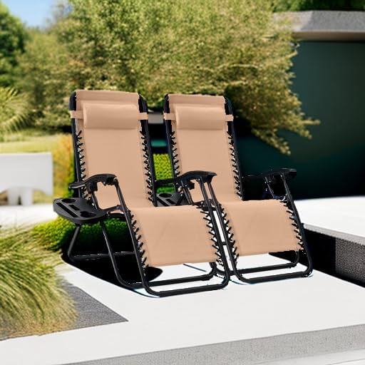 Best Choice Products Adjustable Steel Mesh Zero Gravity Lounge Chair Set - 2 Recliners with Pillows & Cup Holders - Beige