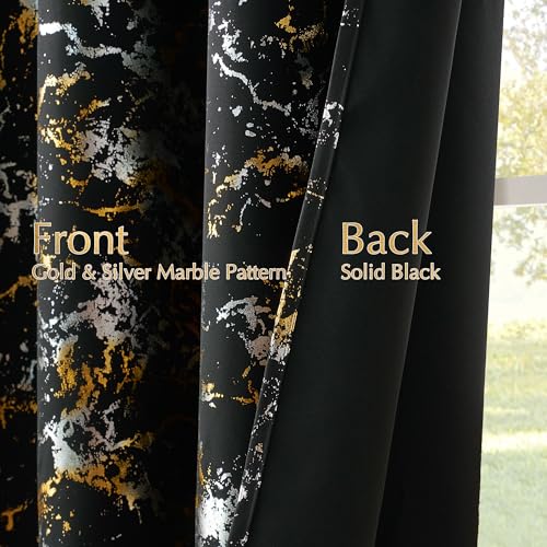 NICETOWN Silver and Gold Marble Patterned Curtains 100% Blackout Christmas Decor for Living Room Bedroom 84 Inches Long 2 Panels Thermal Insulated Noise Reducing Grommet Modern Window Treatments, 52"W