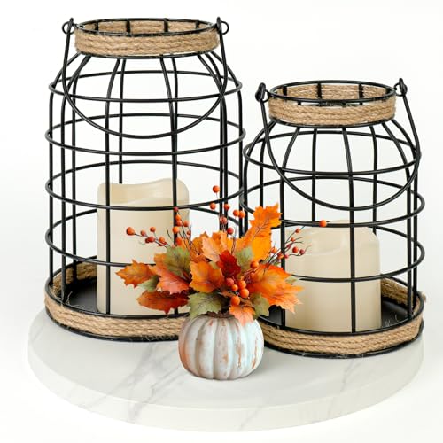 Black Rustic Farmhouse Lantern Set of 2 with LED Candles - Indoor Outdoor Decor