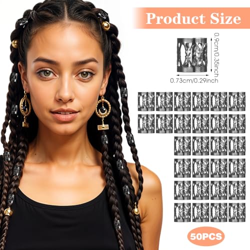 50 Pcs Black Metal Dreadlock Beads & Hair Cuffs for Braids