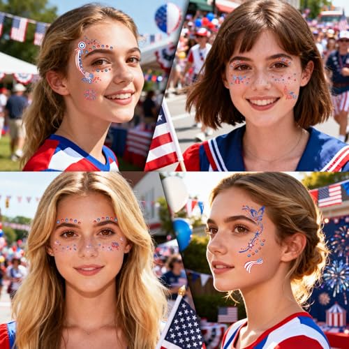 Patriotic Red White and Blue Glitter Freckle Face Tattoo Stickers 12Pcs