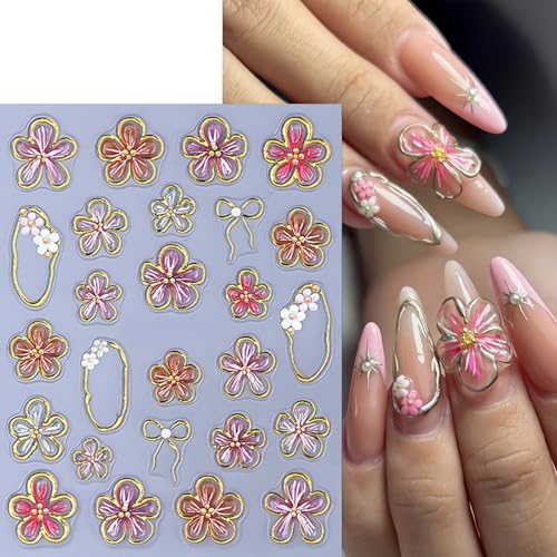 5D Embossed Flower Nail Art Stickers - Jelly Floral Daisy Decals (3 Sheets)