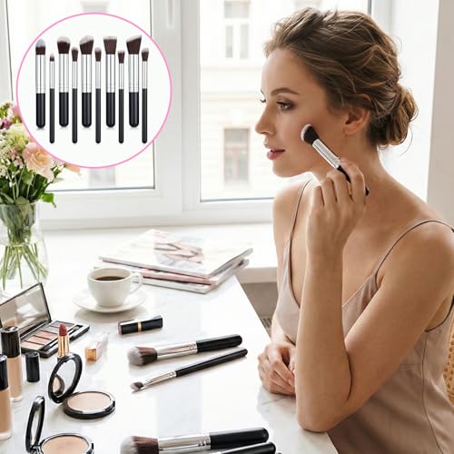 10-Piece Makeup Brush Set with Soft Synthetic Bristles and Wooden Handles
