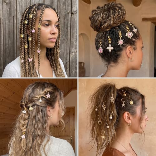 Macuezu 36 PCS Hair Charms for Braids Gold Cuffs and Rings for Locs