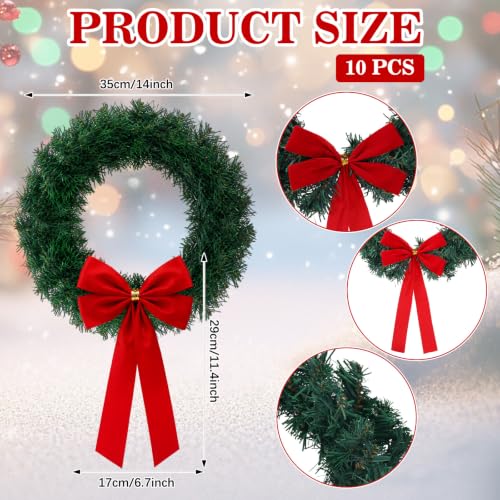 Artificial Christmas Wreath Set with Red Velvet Bow - 14 Inch Holiday Decoration