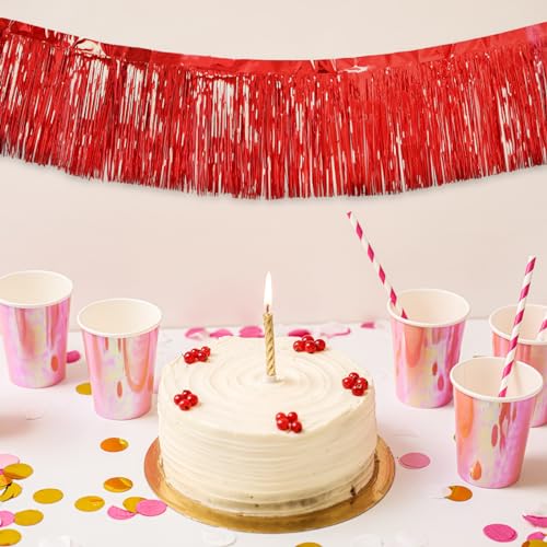 Red Fringe Garland 10 Pack - Metallic Tinsel Streamers for Party Decorations