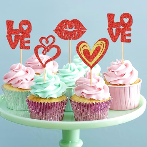 Valentine's Day Glitter Cupcake Toppers 24 Pcs Heart Cake Picks