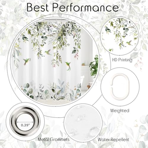 Sage Green Eucalyptus Shower Curtain - 72x72 Inch Floral Hummingbird Print