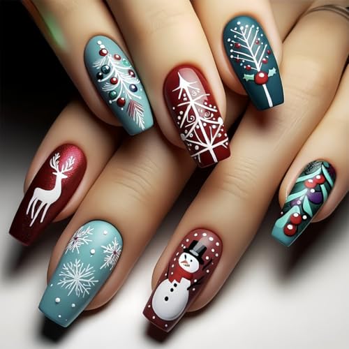 Christmas Press on Nails Medium Coffin Glossy Acrylic False Nails 24Pcs