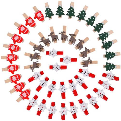Multicolor Christmas Wood Clips 60pcs Snowflake Reindeer Tree Clothespins Craft Decorations