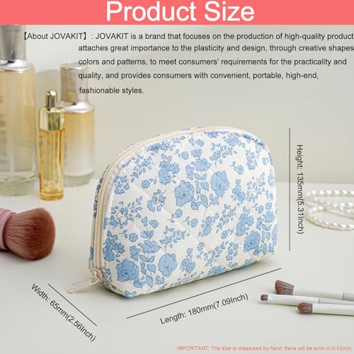 JOVAKIT Quilted Conch Makeup Bag - Blue Floral Travel Toiletry Pouch