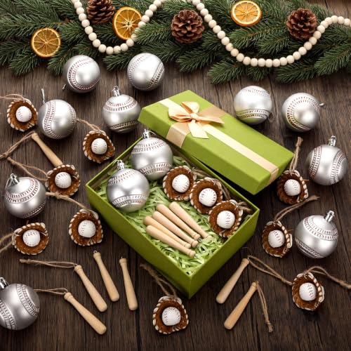 36 Pcs Baseball Christmas Ornaments & Wooden Bats Holiday Decor Set - Sports Theme