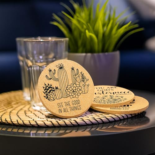 Inspirational Cork Coaster Set with Holder - 6 Round Absorbent Coasters