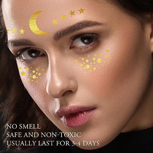 Gold Metallic Temporary Face Tattoos Celestial Sun Star Faux Freckles