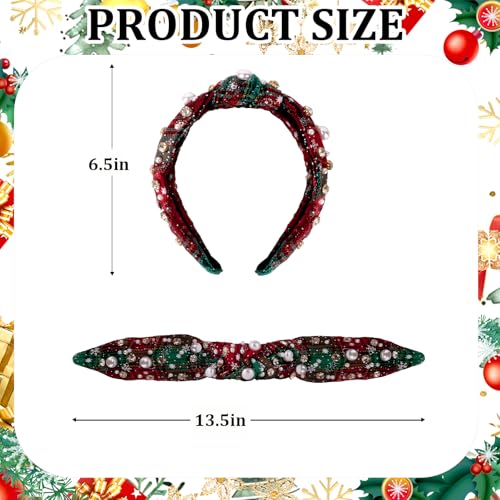 Semato Red and Green Check Christmas Knotted Headband with Pearls