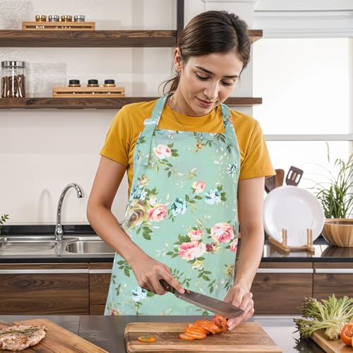 Adjustable Floral Cotton Apron with 2 Pockets for Women