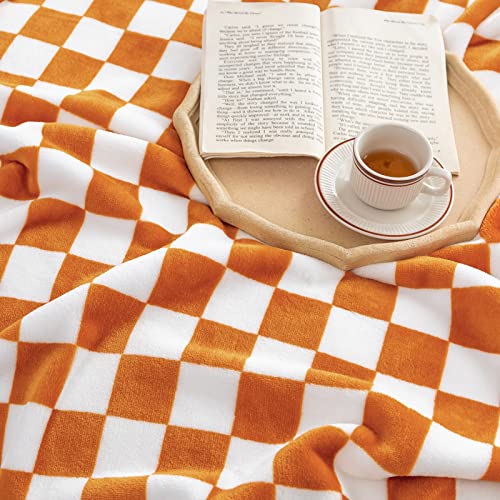 Orange Flannel Throw Blanket with Checkerboard Pattern - 90x110 inches, Soft & Warm for Couch & Bed