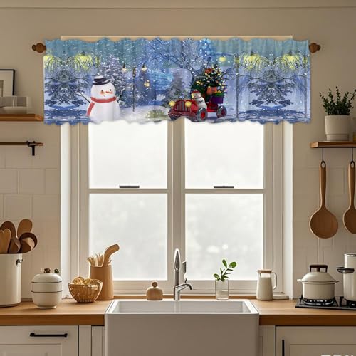 Blue 54x18 Inch 2 Panel Window Valance – Rustic Xmas Snowflake Pine Tree Snowman