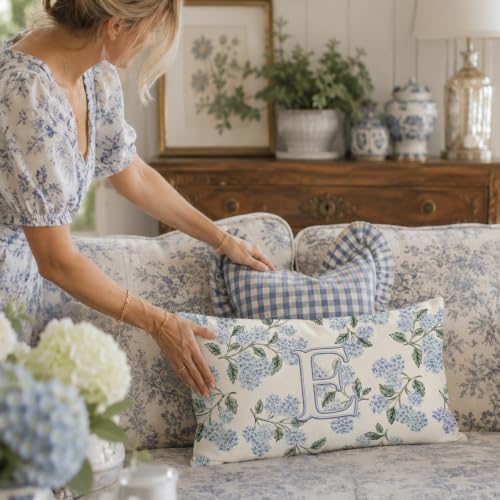 Personalized Blue Hydrangea Monogram Letter E Lumbar Pillow Cover 12x20