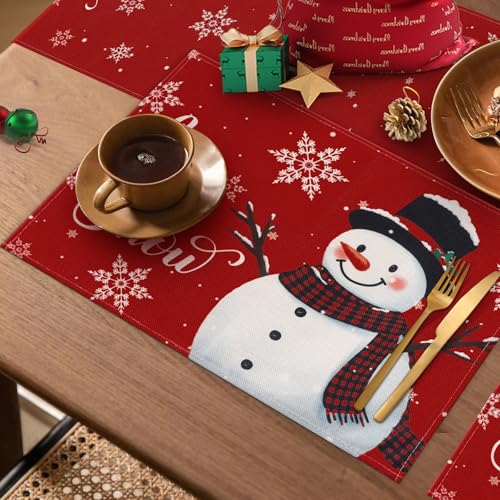 Christmas Snowman Placemats Set of 4 & Table Runner - Holiday Kitchen Decor