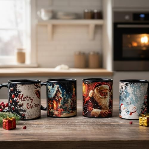 Christmas Cottage Heat Changing Mug - Snowman & Tree Magic 12 Oz, Blue/Red/White