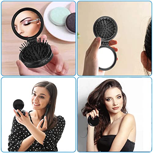 Serrale Folding Travel Hair Brush with Mirror Compact Mini Round Comb Black