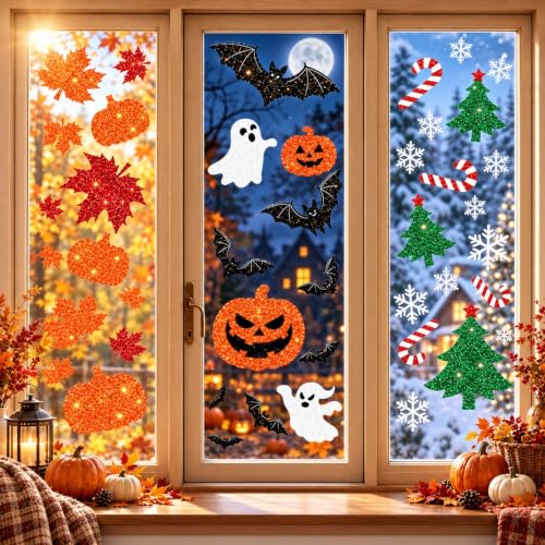 Glitter Fall Halloween Christmas Window Clings - 9 Sheets Decorative Holiday Stickers