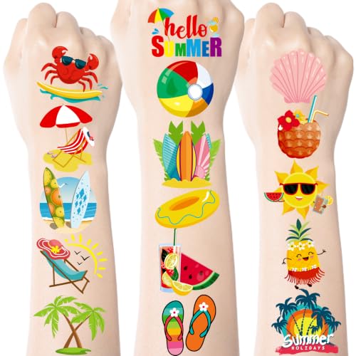 Summer Pool Party Temporary Tattoos - 144 Pcs Hawaiian Luau Beach Stickers