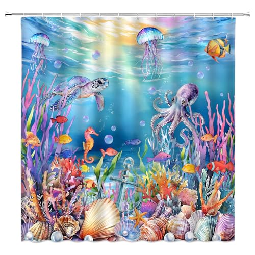 Coastal Ocean Shower Curtain - Turtle, Octopus & Jellyfish Design, 70" x 70"