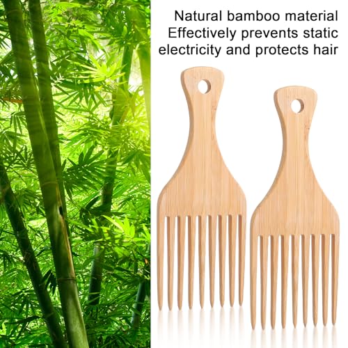 Wanmu 2-Pack Wooden Afro Hair Pick Combs - Anti-Static Bamboo Wide Tooth Styling Tool for Curly Hair & Beards
