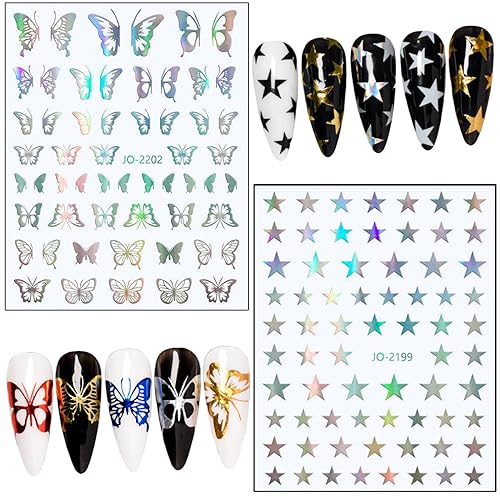Vezocim 7 Sheets Silver Nail Art Stickers 3D Butterfly Heart Decals