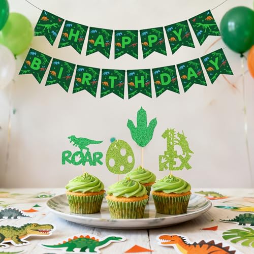 Dinosaur Happy Birthday Banner and Cupcake Toppers Party Set
