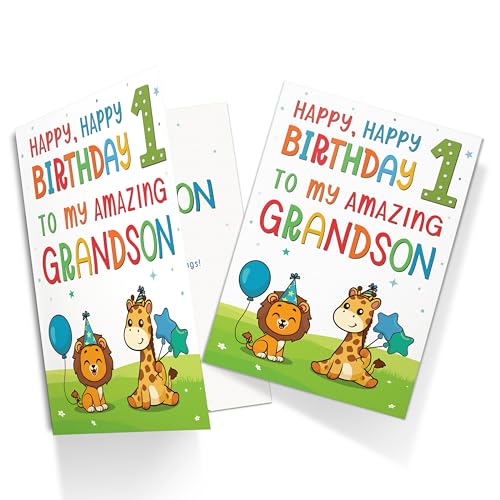 Cute Jungle Animal 1st Birthday Card for Grandson - A5 Premium