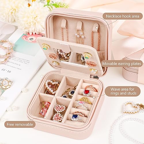 CHMI Travel Jewelry Case Small Leather Organizer Box with Mirror for Women Pink Initial