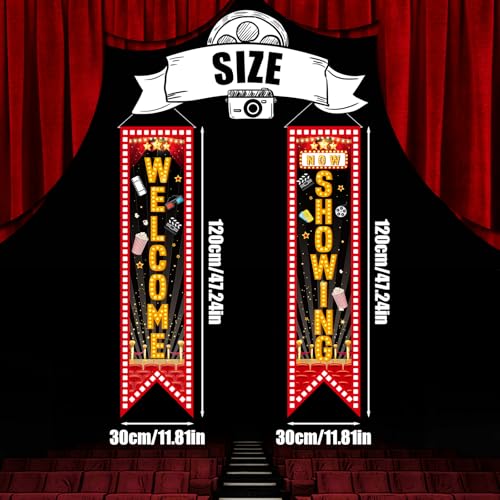 Movie Night Porch Banners - 2 pcs Welcome & Now Showing Signs, 47.2x11.8 Inch