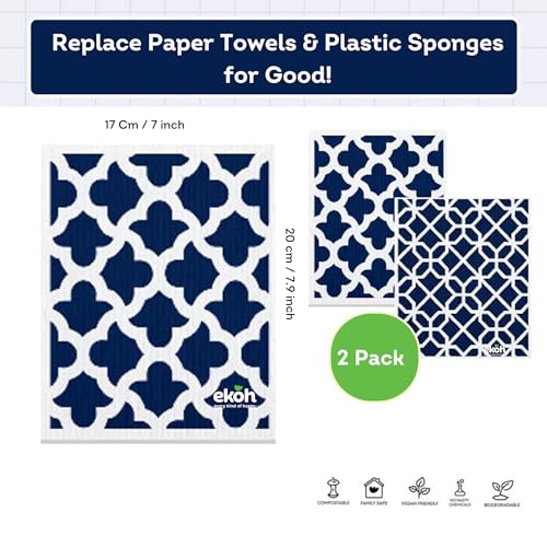 EKOH Swedish Dishcloths - Geometric Navy 2-Pack, Reusable Eco-Friendly