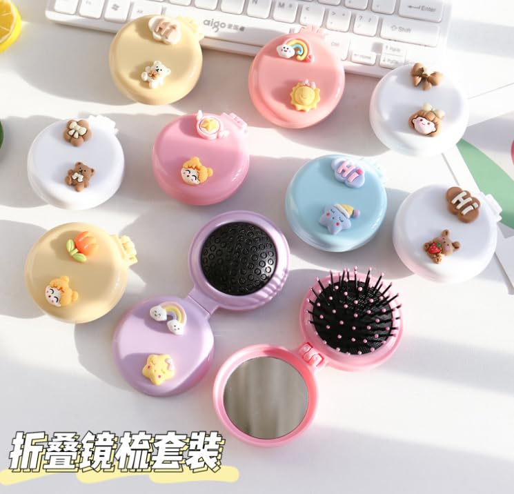 Pink Travel Hair Brush with Mirror - Compact Folding Pocket Hair Brush