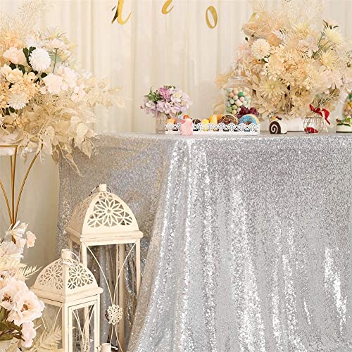 Silver Sequin Tablecloth 90x156 Inch Rectangle for Party Wedding Events - Silver Variation