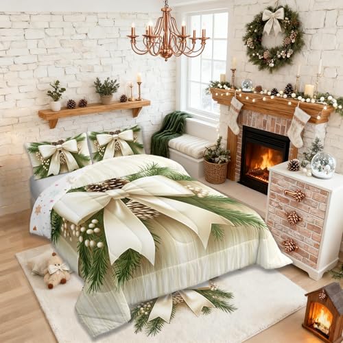 Beige Green Twin Comforter Set with Pinecone Leaves Pattern - Kids Bedding