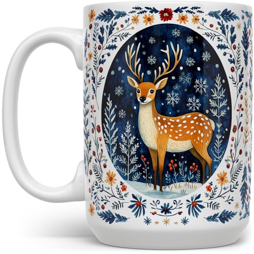 Loftipop Winter Woodland Deer Ceramic Coffee Mug 15oz, Festive Holiday Gift
