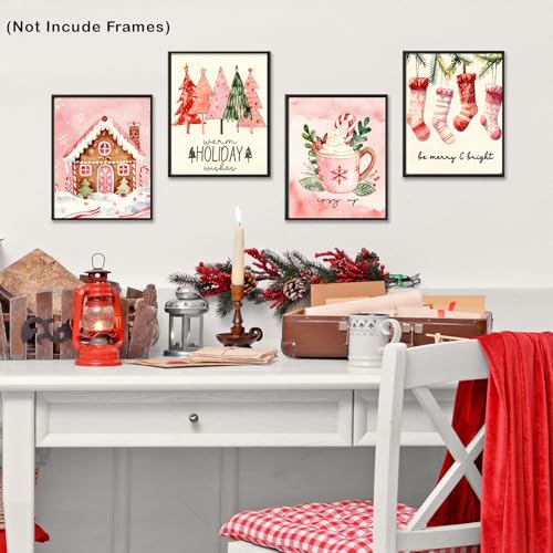Pink Christmas Tree Gingerbread House Wall Art Prints Set of 4 - Holiday Decor