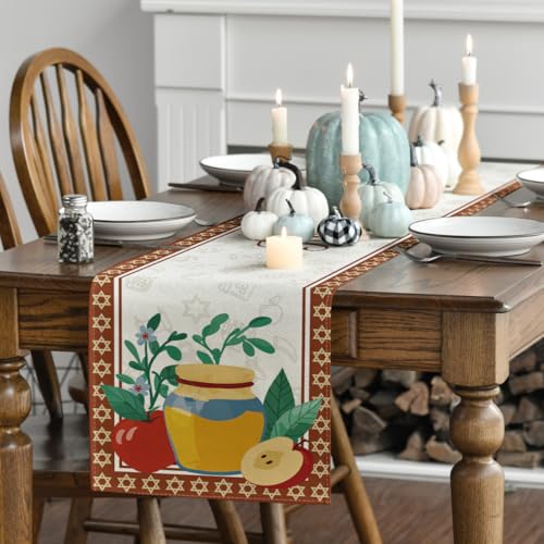 Honey Rosh Hashanah Table Runner 13x120 Inch - Shana Tova Holiday Decor, Red & Beige