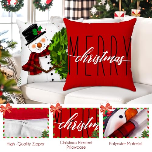 Brightown Christmas Pillow Covers 18x18 Set of 4, Red Holiday Throw Cushions