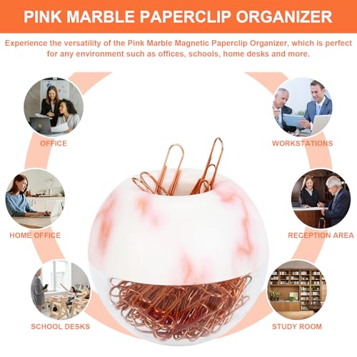 MultiBey Marble Pink Paper Clip Holder with 100 Rose Gold Clips