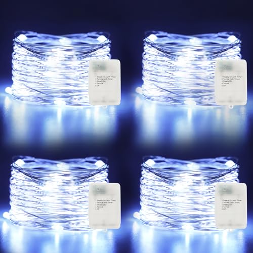 Cool White Battery Operated Fairy Lights 4 Pack with 5 Modes - Twinkle String Lights